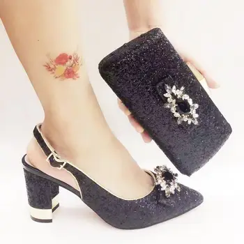 

New Arrival Black African Women Matching Italian Shoes and Bag Set Decorated with Rhinestone Italian Lady Shoe and Bag to Match