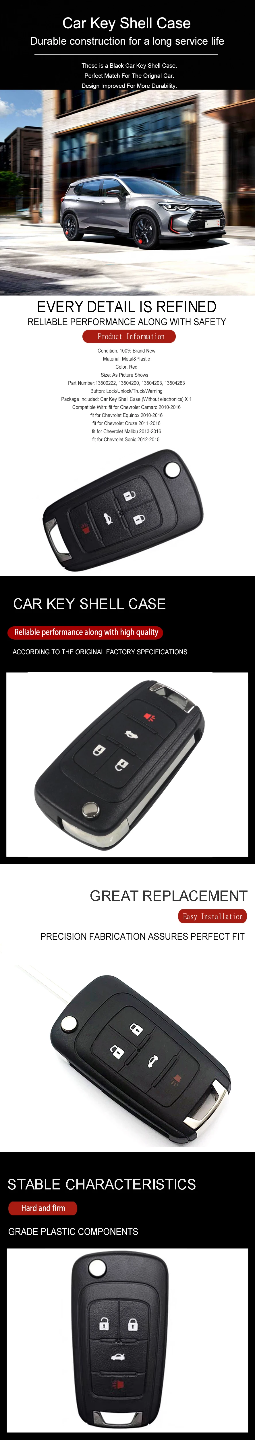 Wooeight 4 Buttons Car Flip Folding Remote Key Fob Case Shell Fit for Chevrolet Camaro Equinox Cruze Malibu Sonic 2012 2015 2016 (8)