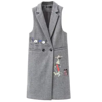 

autumn winter printed woolen vest women lapel slim long double breasted sleeveless jacket