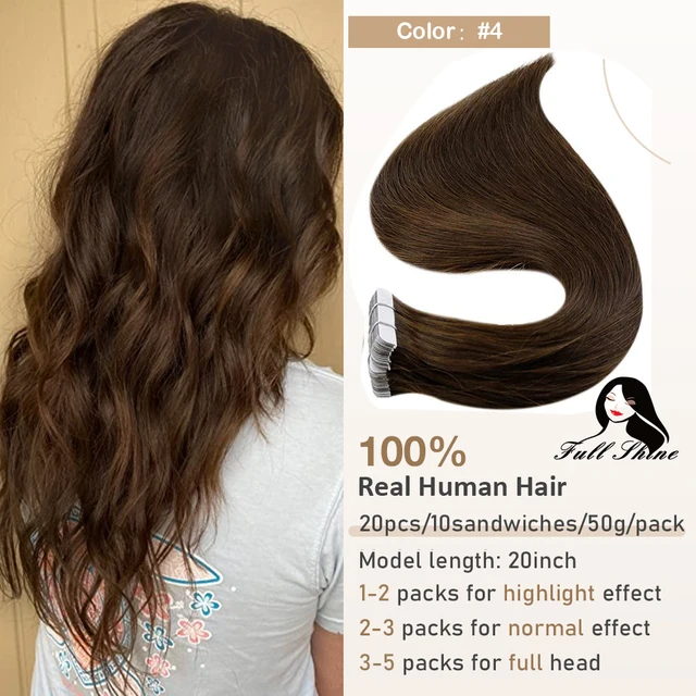 Full Shine Tape In Human Hair Extensions Blonde 100% Real Remy Human Hair Skin Weft Adhesive Glue On For Salon High Quality 4Medium Brown
