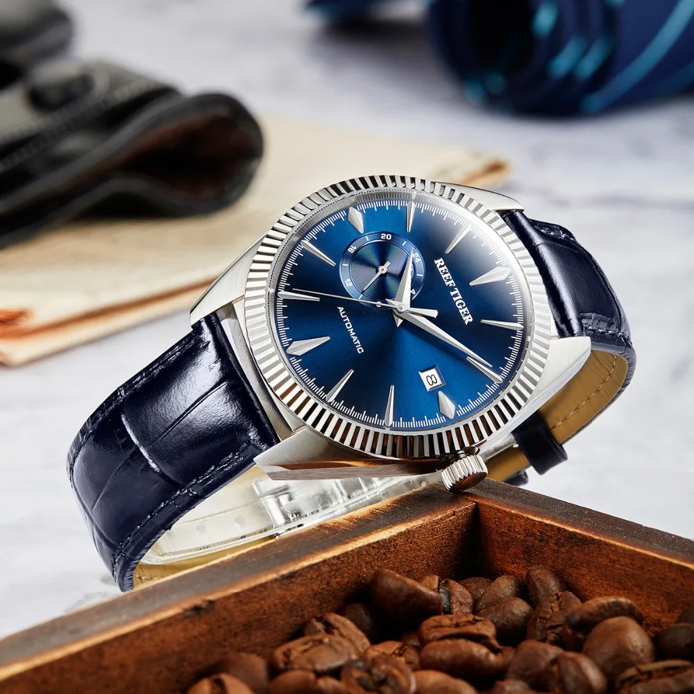 Специальная цена REEF TIGER/RT автоматические часы для мужчин Топ бренд класса люкс водонепроницаемые наручные часы с кожаным ремешком Relogio Masculino+ коробка