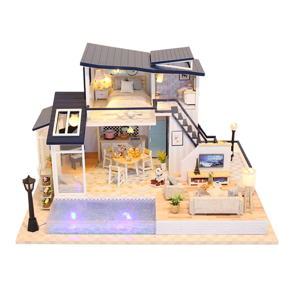

Model Handmade Mini Wooden Villa Cabin 3D Gift Miniatures Furniture Educational LED Light Doll House Decoration DIY