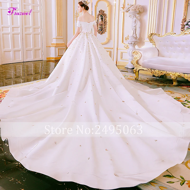 Fsuzwel Vestido de Noiva кружевной вырез лодочкой A-Line Свадебные платья Роскошные, украшенные кристаллами Часовня свадебное платье с длинным подолом плюс размер