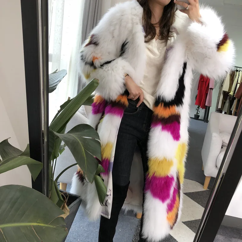 women fur coat with hood real fox fur knitted jacket long (6)