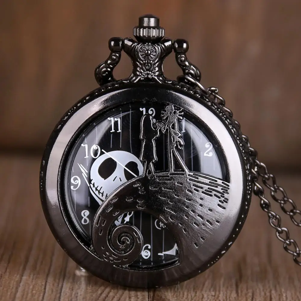 Горячая продажа черные Sally Jack Skellington дизайн кварцевые карманные часы ожерелье