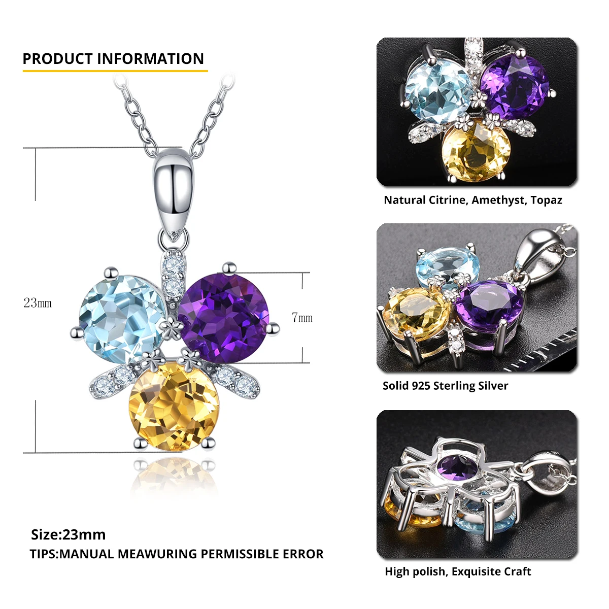 Hutang Women's Pendant Natural Color Gemstone Amethyst Citrine Blue Topaz 925 Sterling Silver Chain Fine Elegant Jewelry Gift