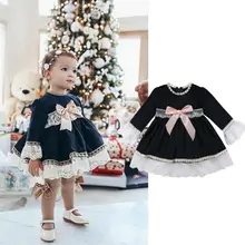 Коллекция года, осеннее платье принцессы с длинными рукавами и бантом для маленьких девочек детские нарядные кружевные платья-пачки для девочек