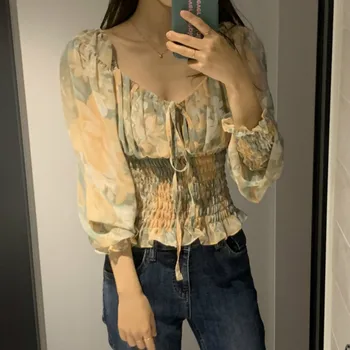 

Elnage Korean Retro Square Collar Short Sleeve Blouse Chiffon Shirts Slim Waist Floral Tops Spring Summer Women Clothing 5A581