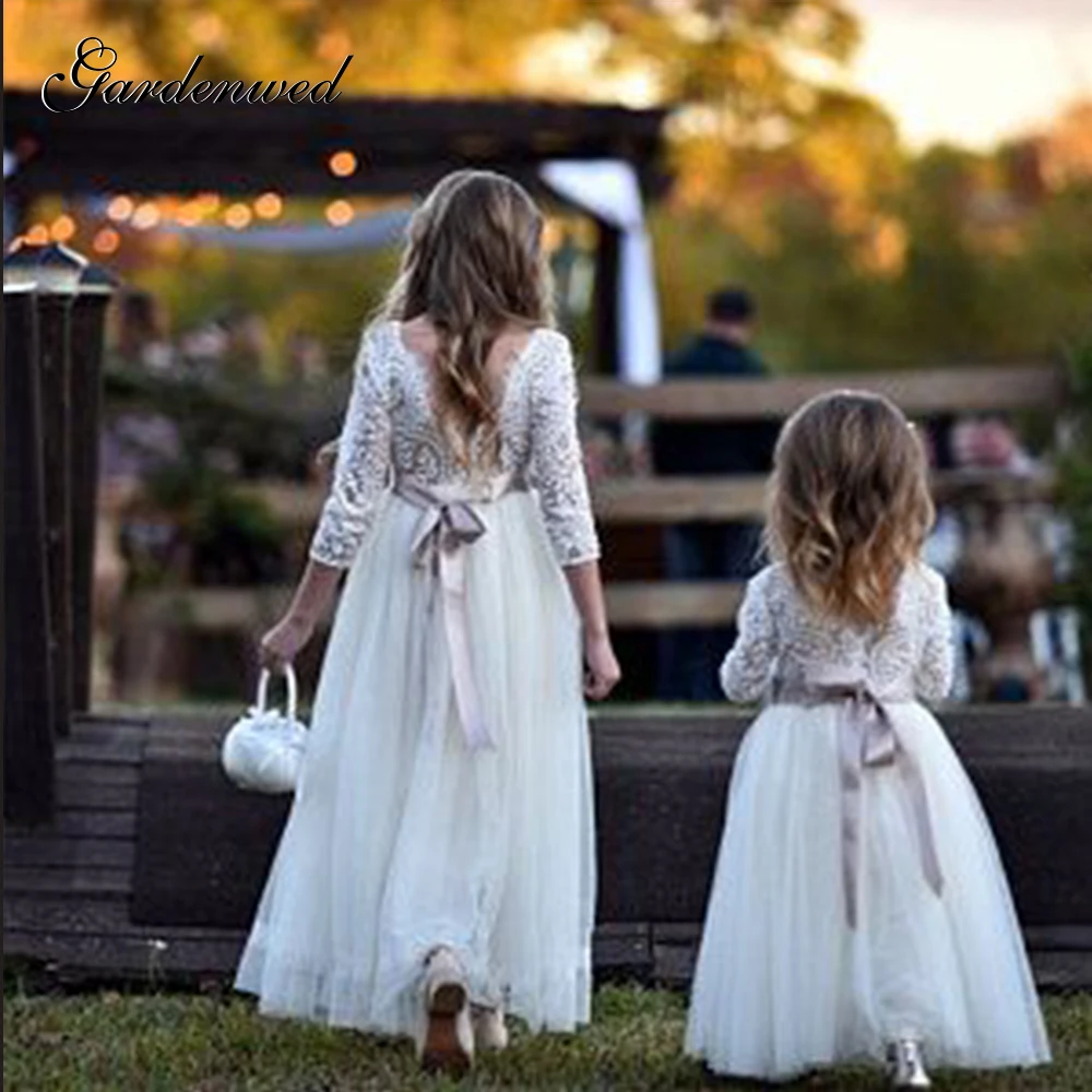 

Gardenwed A-line Ivory Lace Flower Girl Dresses Tulle Appliques Communion Dress Kids Satin Bow Sashes Celebrity Dresses,Vestidos