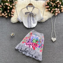 

Fashionable Suit Women's Short-sleeved Shirt Design Niche Sense Of Contrast Color Stitching Age-reducing Skirt Two-piece Trend