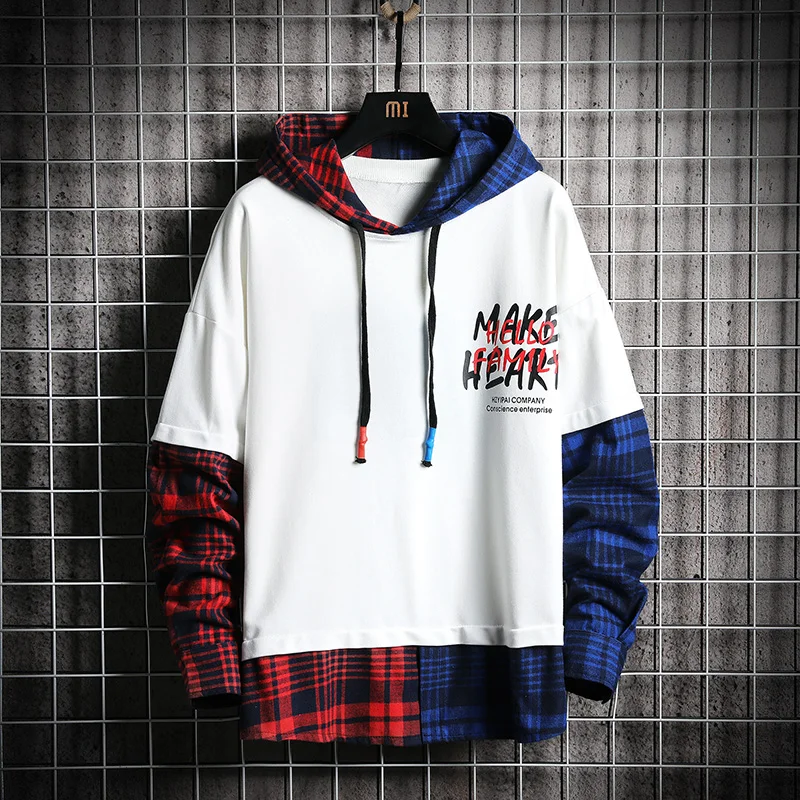  SingleRoad Oversized Men's Hoodies Men Plaid Patchwork Sweatshirt Male Hip Hop Harajuku Japanese St