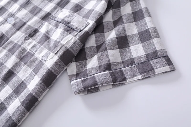 Summer New Plus size Men Casual Plaid Pajama sets Male 100%Cotton Sleepwear suit Men's Turn-Down collar shirt& Half Pants