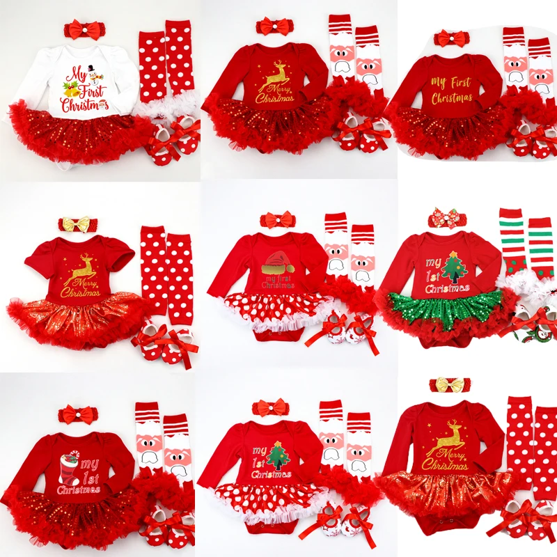 

2019 Baby Christmas Clothing Infant Newborn Baby Girl Santa Dress Romper +Headband +Legging Warmer +1pair Shoes 4Pcs Wholesale