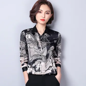 

Printed Imitated Silk Fabric Satin Shirt Women Long Sleeve Spring Slim Fit Wear Korean-style Ol Shirt Women's