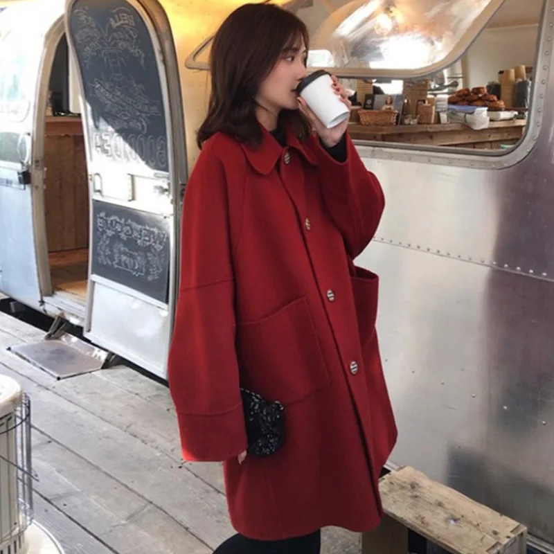 

Spring Winter 2020 Overcoat New Korean Style Woolen Coat Loose Mid-length Thick Black Red Wool Blend Women Outerwear Fall Top