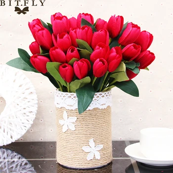 

30cm Silk PU Tulips Artificial Flowers Bouquet 9 Big Head and 1 Bud Cheap Fake Flowers for Home Wedding Decoration indoor