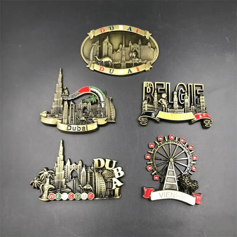 

3D Dubai Building Fridge Magnet Metal Belgium Austria Vienna Famous Building Model Refrigerator Sticker Craft magnets Souvenir