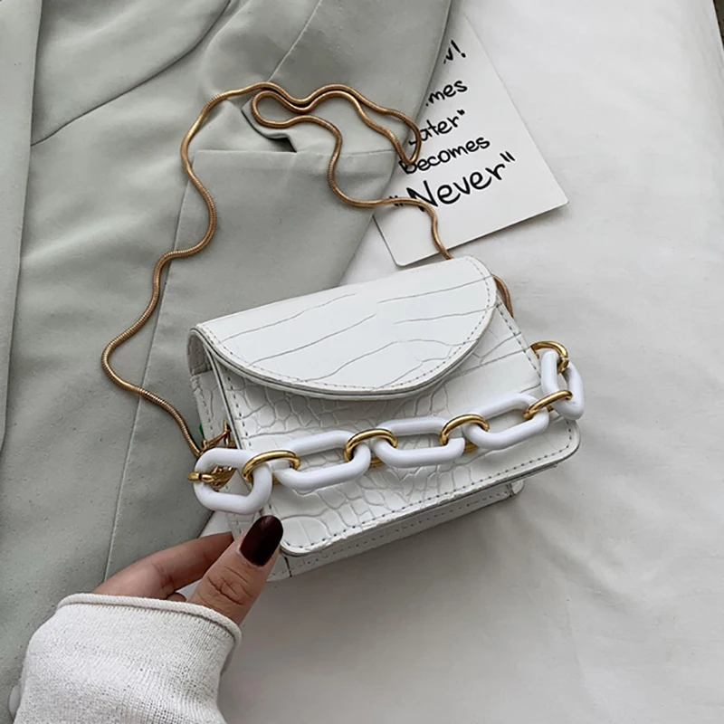 

Thick Chain Stone Pattern Mini PU Leather Crossbody Bags For Women 2020 Solid Color Shoulder Handbags Female Flap Bag