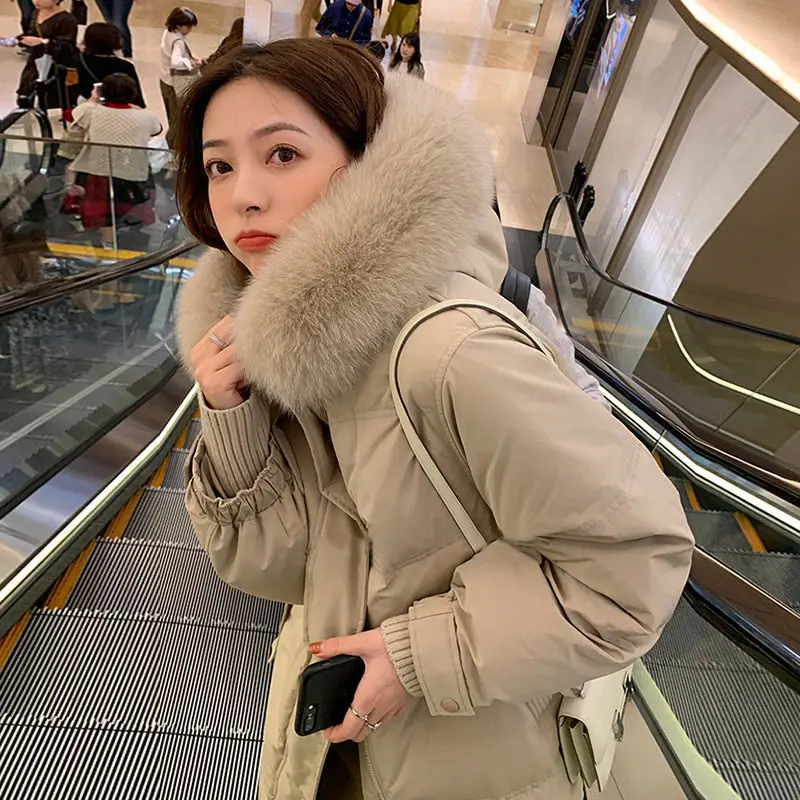 

90 White Duck down Large Fox Fur Collar down Jacket Women's Mid-Length Knee 2020 New Style Thicken Slim Fit
