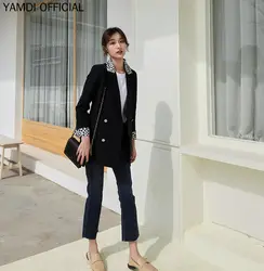 YAMDI корейский новый модный Леопардовый блейзер с воротником, куртка Женский пиджак пальто шикарная подиумная верхняя одежда с воротником