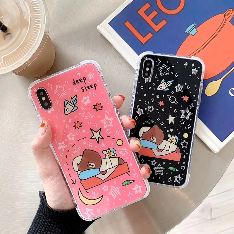 

Cute Cartoon Sleep Bears Soft Silicone Border Phone Case For iphone 7 Case 6 8 plus X XR XS MAX Starry Sky Anti-fall back Cover