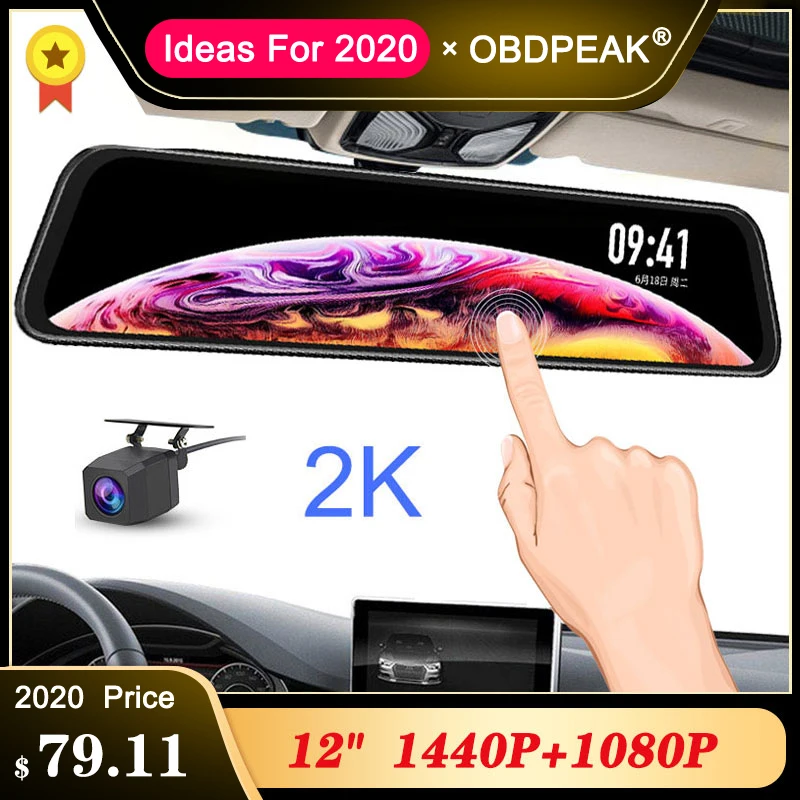 New 2K 12-inch Streaming RearView Mirror Car Dvr Camera 1440P FHD Dual Lens Driving Video Recorder