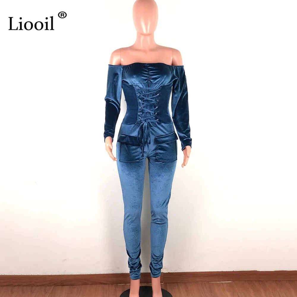 Liooil, сексуальный, с открытыми плечами, бархатный, облегающий, бандажный комбинезон, для женщин, с длинным рукавом, без бретелек, с карманами, обтягивающие, вечерние, комбинезоны, женский комбинезон
