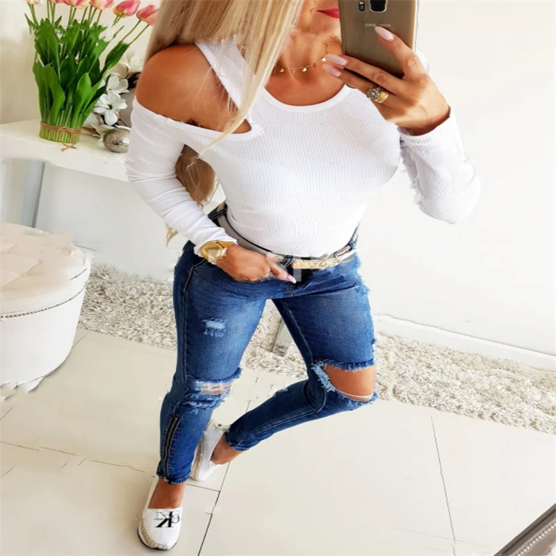 

Autumn Women Top Sexy Trendy Long Sleeve Knitted One Shoulder Sweater Solid Turtle Neck Pullover Outwear Female Clothing