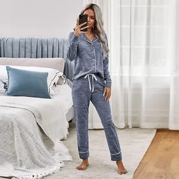 

Long-sleeved Sleepwear Women's Autumn and Winter New Products Casual and Comfortable Knitted V-neck Female Home Wear Pajamas Set