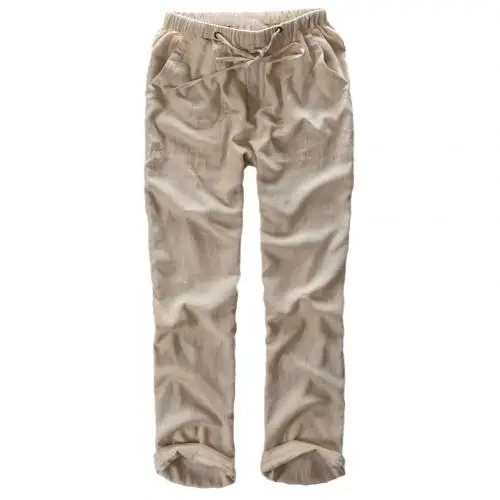 Khaki M Casual Linen trousers Men Jogger Pants Men Straight loose large size cotton and linen pants - Color: Khaki M