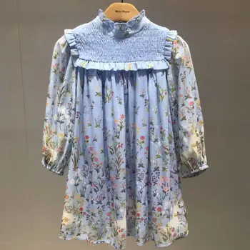 

2020 Spring autumn Floral Pattern Baby Girls Dress Full Print Party Flower Blue Dress for Girls