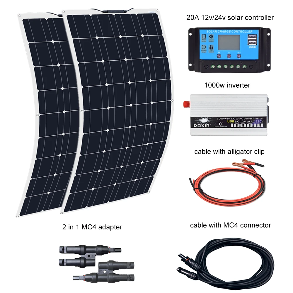 Xinpuguang 2 шт 100 Вт солнечная панель 12 В/24 В 20A контроллер и 110 В или 220 В 1000 Вт Инвертор 200 Вт солнечная панель s комплект системы для дома