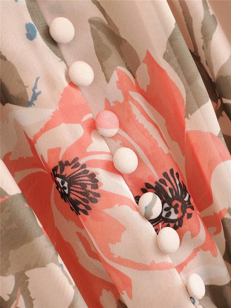 Женское винтажное шифоновое платье с цветочным принтом длинным рукавом и V