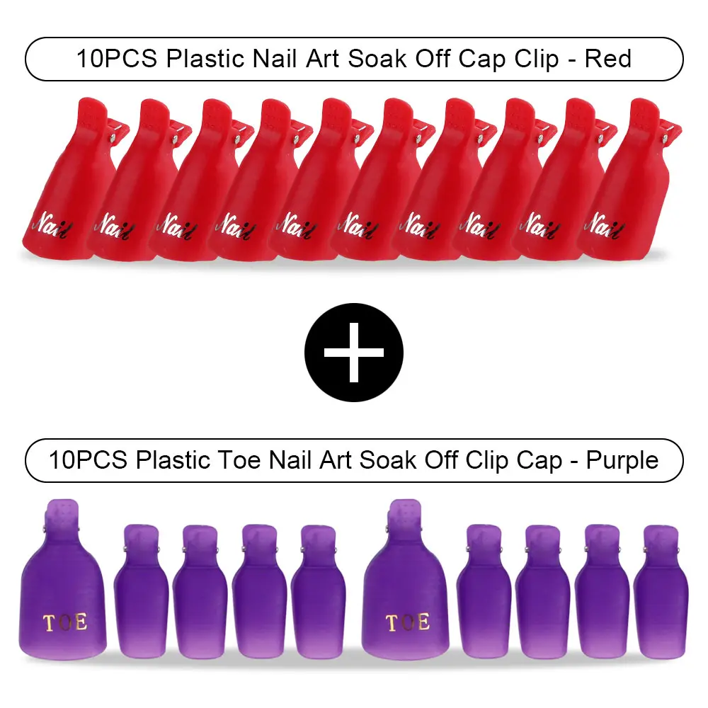 20pcs Plastic Soaker Off Caps Clips Nail Art UV Gel Nail Polish Remover Wraps Cleaner Manicure Effects For Nails Fingers And Toe - Цвет: Purple Toe Red Hand