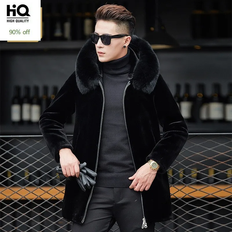 

Winter Shearling Long Jackets for Men Fashion Brand Black Wool Shearling Coats With Fox Fur Collar Warm Real Fur Coat