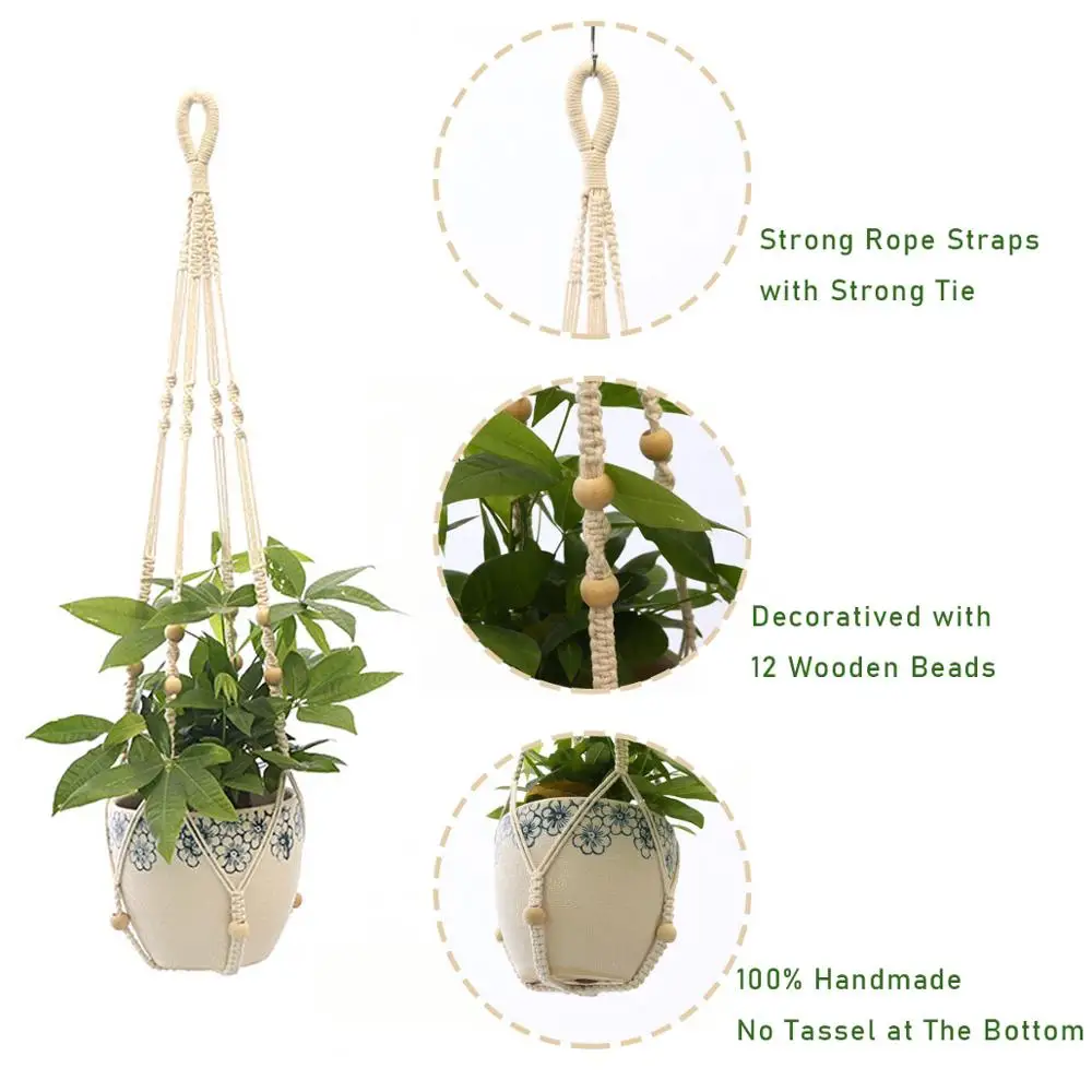 2pcs Handmade Macrame Cotton Rope Plant Hanger  with Beads, Hanging Planters for Indoor Outdoor Boho Home Decor, 35 Inch (89cm)
