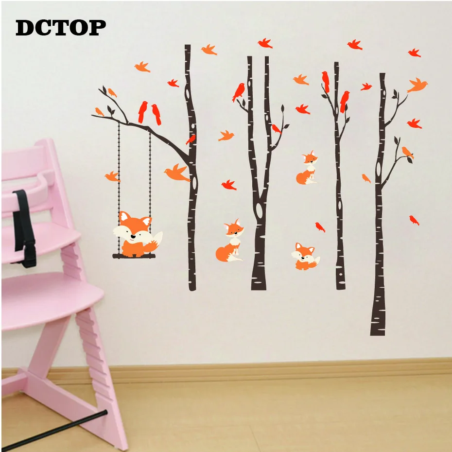 Lovely Fox Swinging Trees Birch Nursery Wall Stickers Birds DIY Vinyls Decals Home Decor Children kids Bedroom Door Art Mural (1)