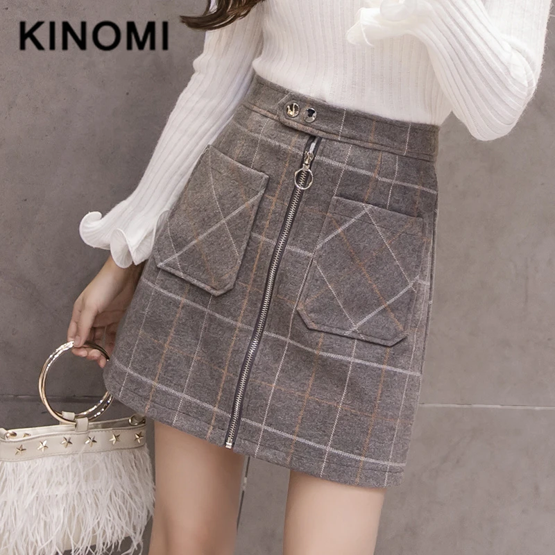 KINOMI женские корейские винтажные шерстяные клетчатые юбки с высокой талией, на молнии, с пуговицами, сексуальные мини юбки для женщин с карманом, новинка
