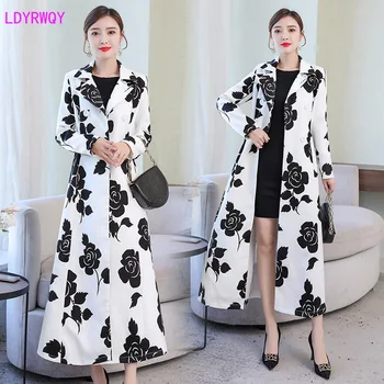 

2019 autumn and winter new Korean women's retro large size loose printed lapel double-breasted versatile slim long trench coat