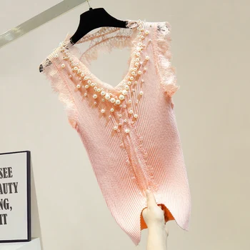 

Knit Tank Top Womens Fashion Diamond Handmade Beaded Lace Backless Thin Ice Silk Knitted V-neck Sexy Tanks Tops