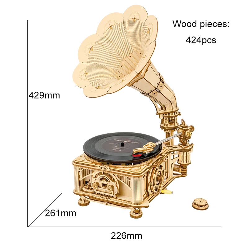 Robotime ROKR DIY korba ręczna klasyczny gramofon drewniane puzzle Model zestawy do budowania zabawka montażowa prezent dla dzieci LKB01