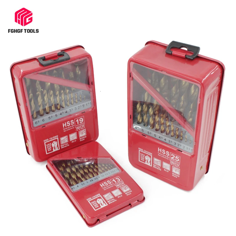 

FGHGF 13/19/25PCS 1.0~13mm HSS Titanium Coated Drill Bit Set Metal For Woodworking Drilling Power Tools Accessories In Iron Box