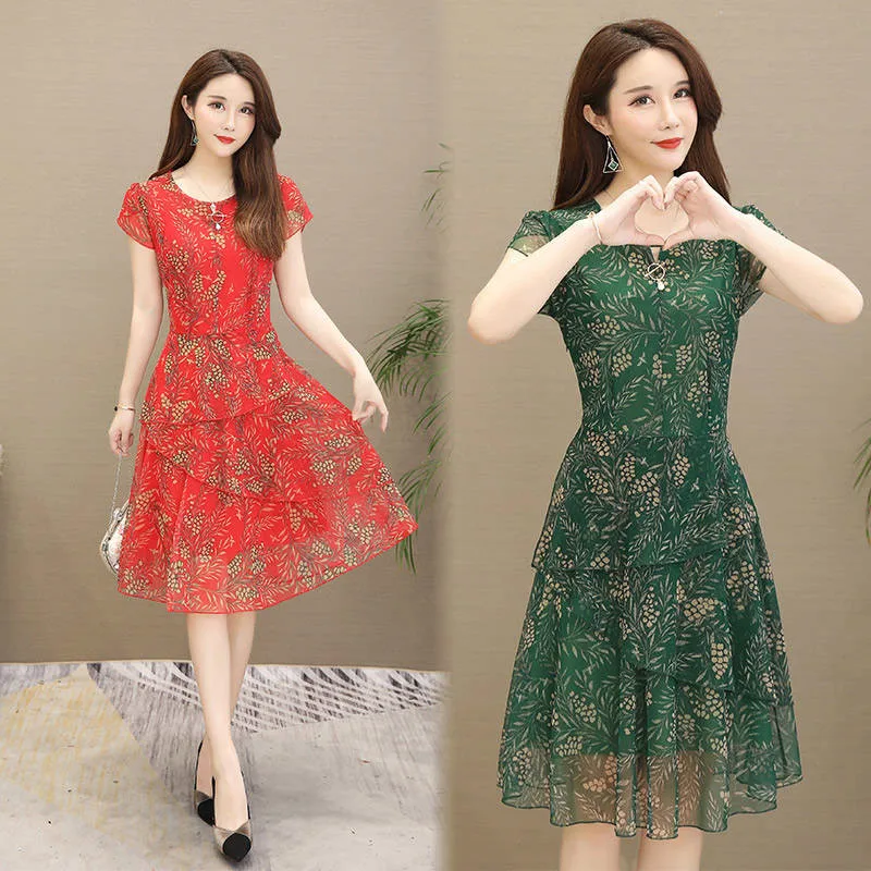 

Women Two layers chiffon Printed dress 2019 New spring autumn female vintage elegant Short sleeve loose casual office lady dress