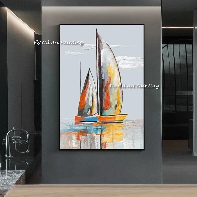 

The Seascape Ship Abstract Sunshine Simple Hand Painted Oil Painting Art Wall on Canvas Mural Decors For Living Room Decorations