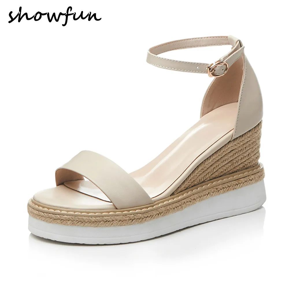 

Women's genuine leather wedge platform ankle strap sandals open toe hemp summer elegant ladies bohemia style high heel shoes hot