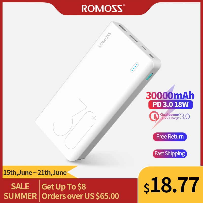  Блок питания ROMOSS Sense 8+ 30000 мАч, портативный внешний аккумулятор с двумя видами разъемов емкостью 30000 мАч для телефона 