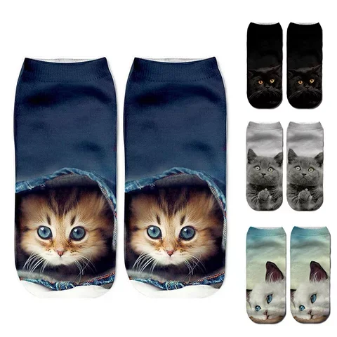 1Pair Women Girl Casual Socks 3D Cat Printed Cartoon Animal Cotton Anklet Socks Low Cut Sports Sock Cute Designer