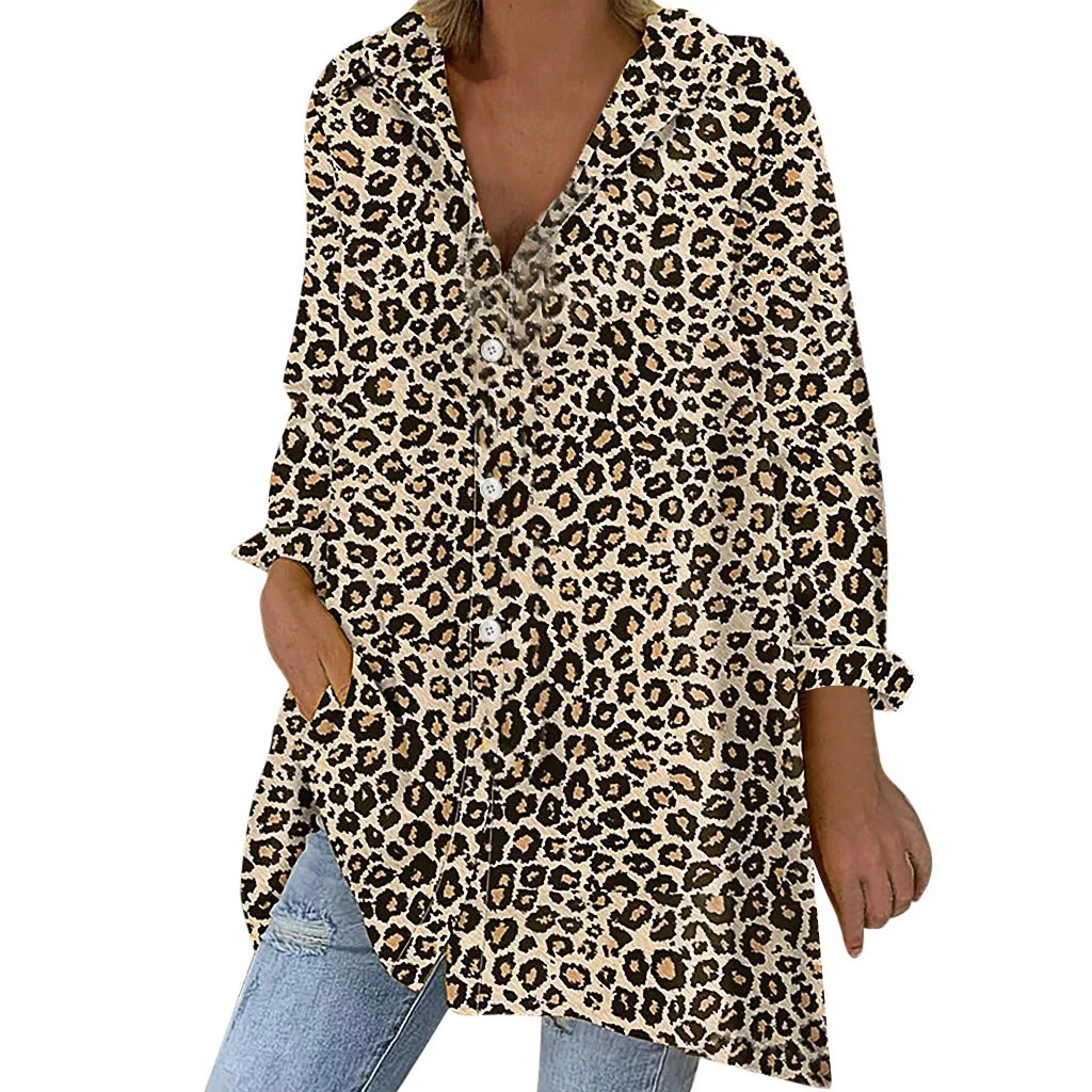 H25 хлопок лен женские топы и блузки плюс размер с длинным рукавом Леопард Женская Туника пуговицы Топы осенние Рубашки повседневные блузы - Цвет: Khaki