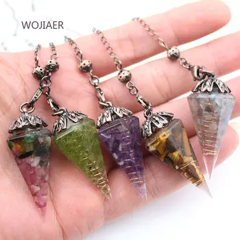 

WOJIAER Antique Copper Chain Natural Chip Stone Resin Hexagon Cone Pendulum Pendant for Dowsing Divination Wicca Pendule ZBM174