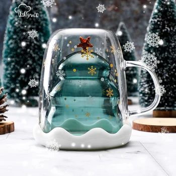 

300ML Creative Christmas Tree Glass Cup Mug Heat-resistant Double Layered Glass Cup Coffee Mug with Lid Cute for Christmas Gifts